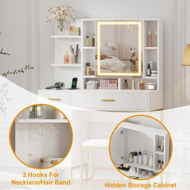Makeup Vanity Table with Lighted Mirror, 3 Lighting Modes Adjustable with Soft Cushioned Stool, 2 Drawers