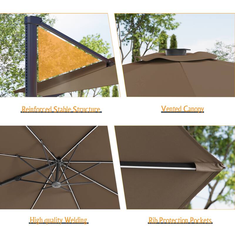 LIVOOSUN 10FT LED Round Cantilever Umbrella For Your Outdoor Space, Solution-Dyed Fabric, 360° Rotation System