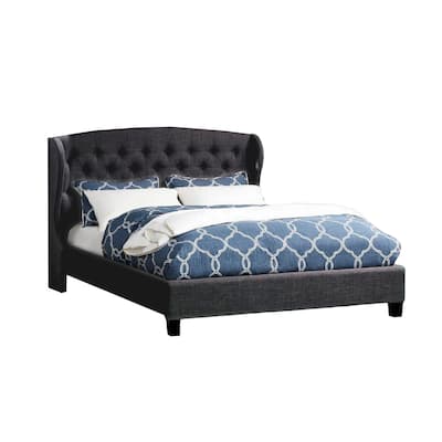 Jimi King Bed, Button Tufted Headboard, Charcoal Gray Polyester Upholstery