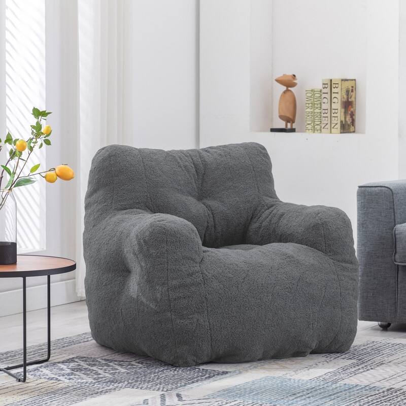 Grondin Mid-Century Modern Faux Fur Fabric Upholstery Bean Bag Chair Tufted Foam Padding Lazy Sofa with Armrests