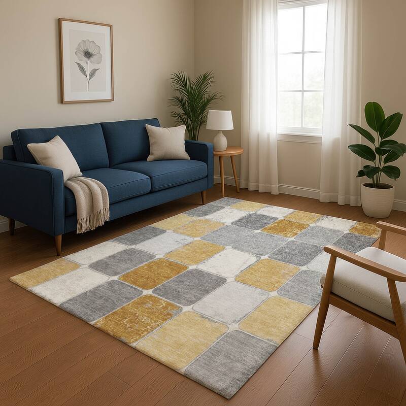 Premium Washable Super Soft Modern Blocks Mayfield Rug - Gold - 5' x 7'6"