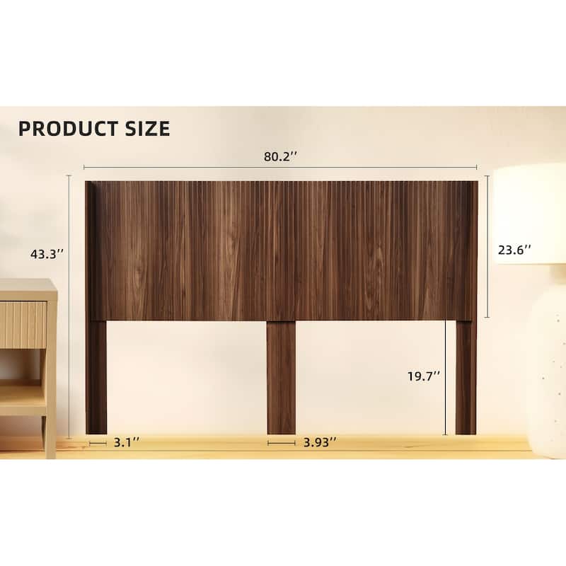 King Size Wall Mounted Wood Headboard with Fluted Panel and Wingback Design - Walnut Finish