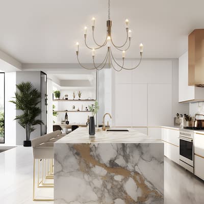 Modern 10-Light LED Gold Chandelier 2-Tier Classic Candle Lights for Dining Room - D 34.3" x H 28.3"
