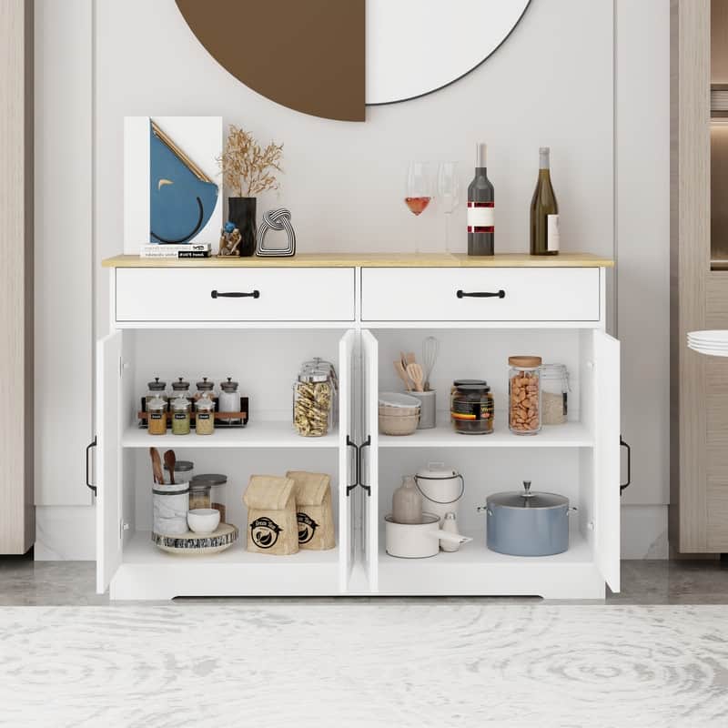 47.95" Farmhouse Buffet Cabinet Storage Sideboard with 2 Drawers and 4 Doors for Dining Living Room Kitchen Cupboard-White 