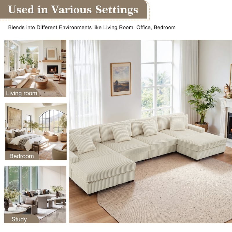 Anne 150" W Upholstered Plush Corduroy Modular Sectional Sofa