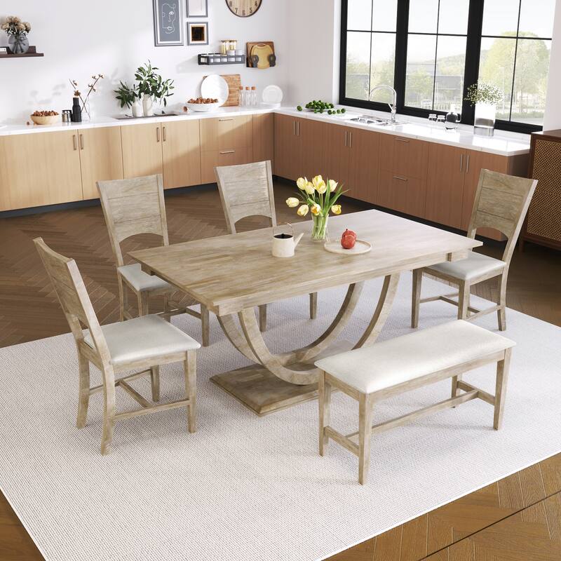 Modern 6-Piece Wood Half Round Dining Table Set Kitchen Table Set with Long Bench and 4 Dining Chairs