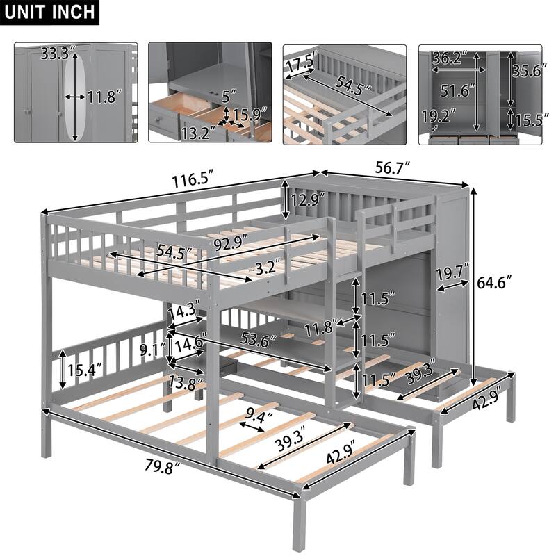 Full-Over-Twin-Twin Bunk Bed with Shelves Wardrobe and Mirror