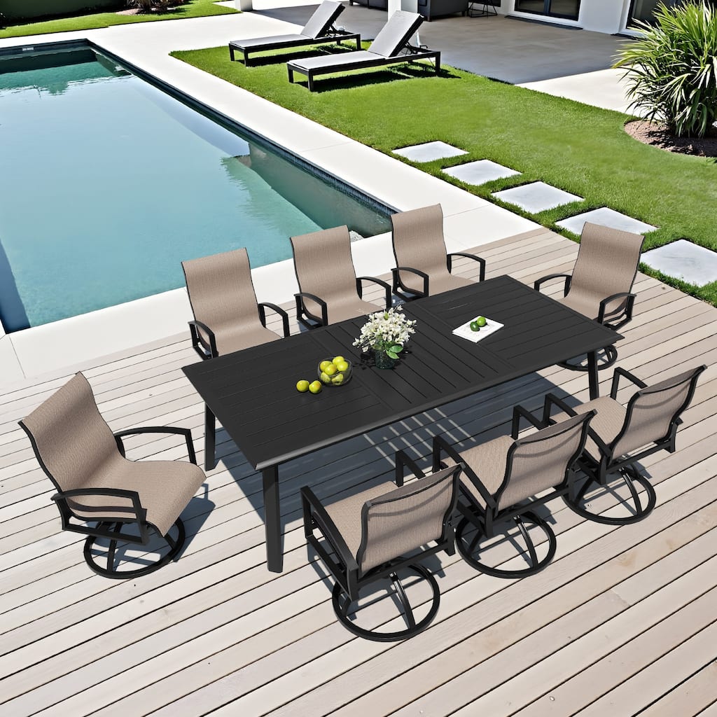 9-Piece Outdoor Dining Set Sunbrella Swivel Chair and Aluminum Dining Table with Umbrella Hole