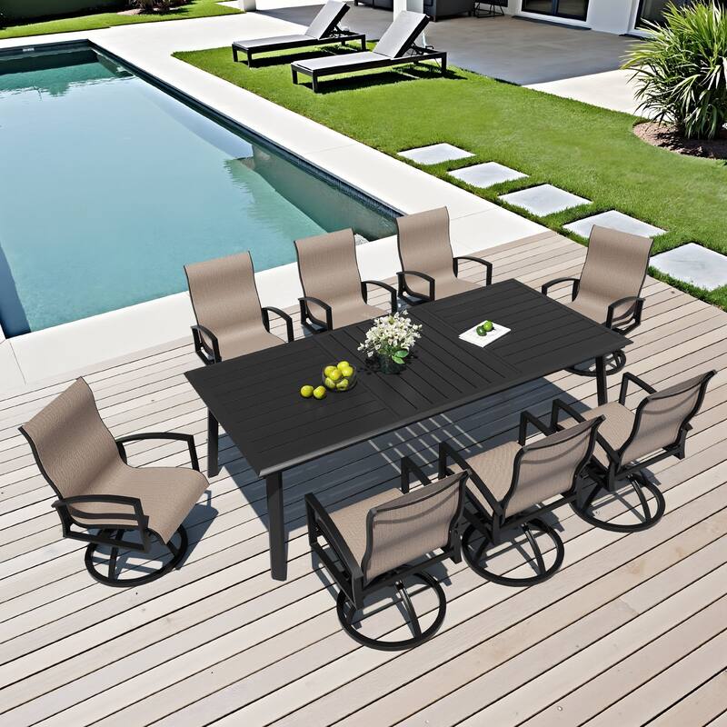 9-Piece Outdoor Dining Set Sunbrella Swivel Chair and Aluminum Dining Table with Umbrella Hole - Augustine Ashe