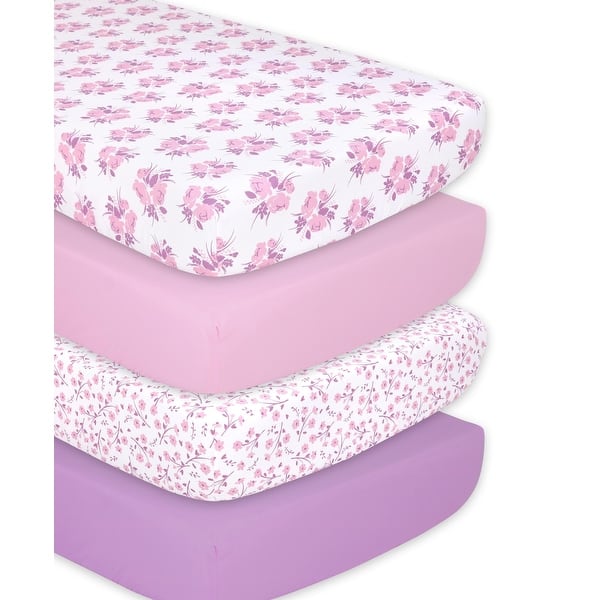 slide 2 of 5, The Peanutshell Purple Floral Fitted Crib Sheet 4 Pack Set