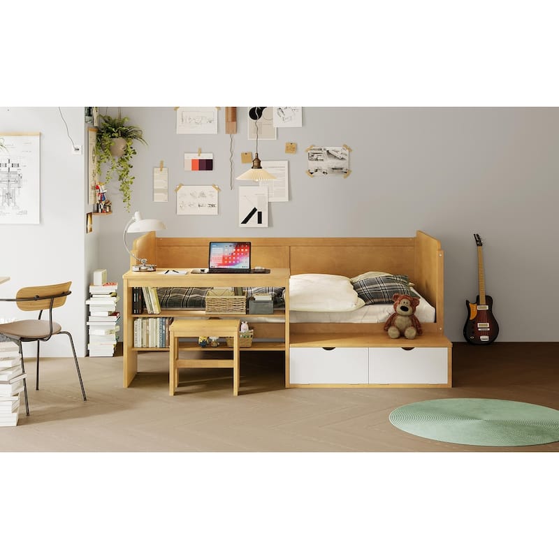 Twin Size Natural Wood Daybed with Study Desk & Storage (350lb Capacity)