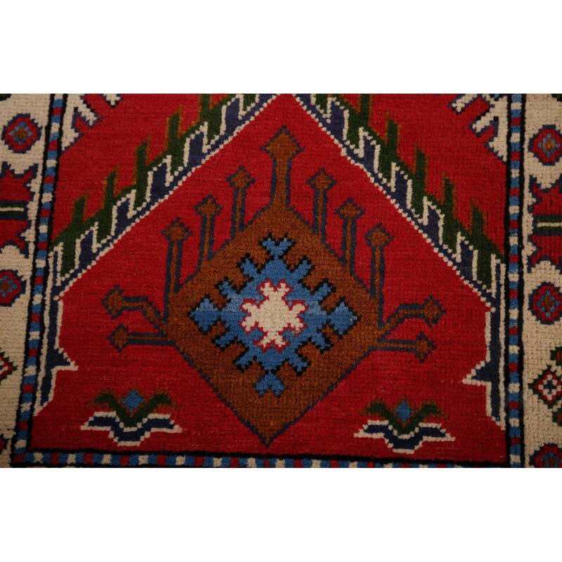 Geometric Red Kazak Accent Rug Hand-Knotted Wool Carpet - 2'1" x 2'11"