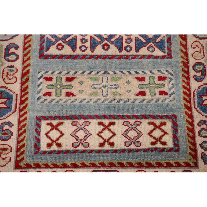 Blue Kazak Oriental Runner Rug Hand-Knotted Geometric Wool Carpet - 3'3" x 16'3"