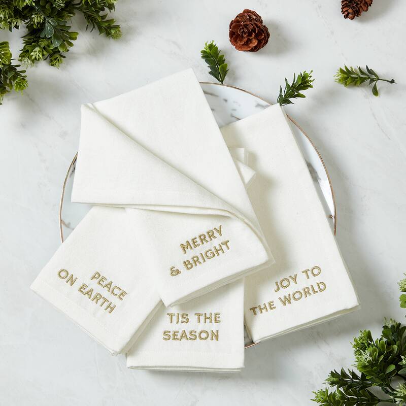 Joyful Sentiment Christmas/Holiday Embroidered Napkins, Set of 4 - 17x17 - White
