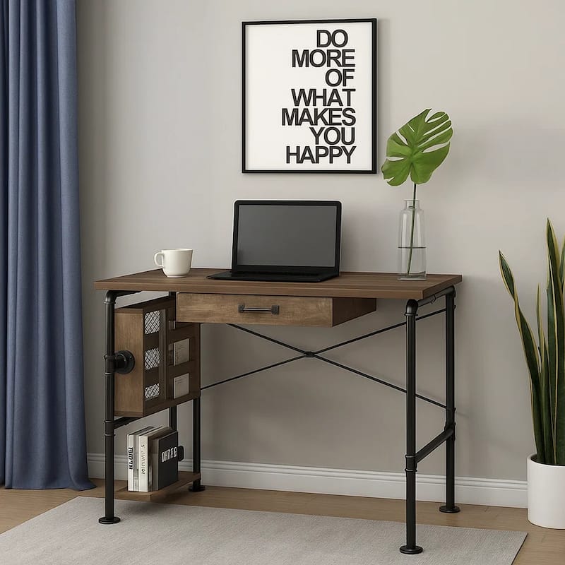 Writing Desk with Industrial Style and 3 Tier Sleek Side Shelves, Oak Brown