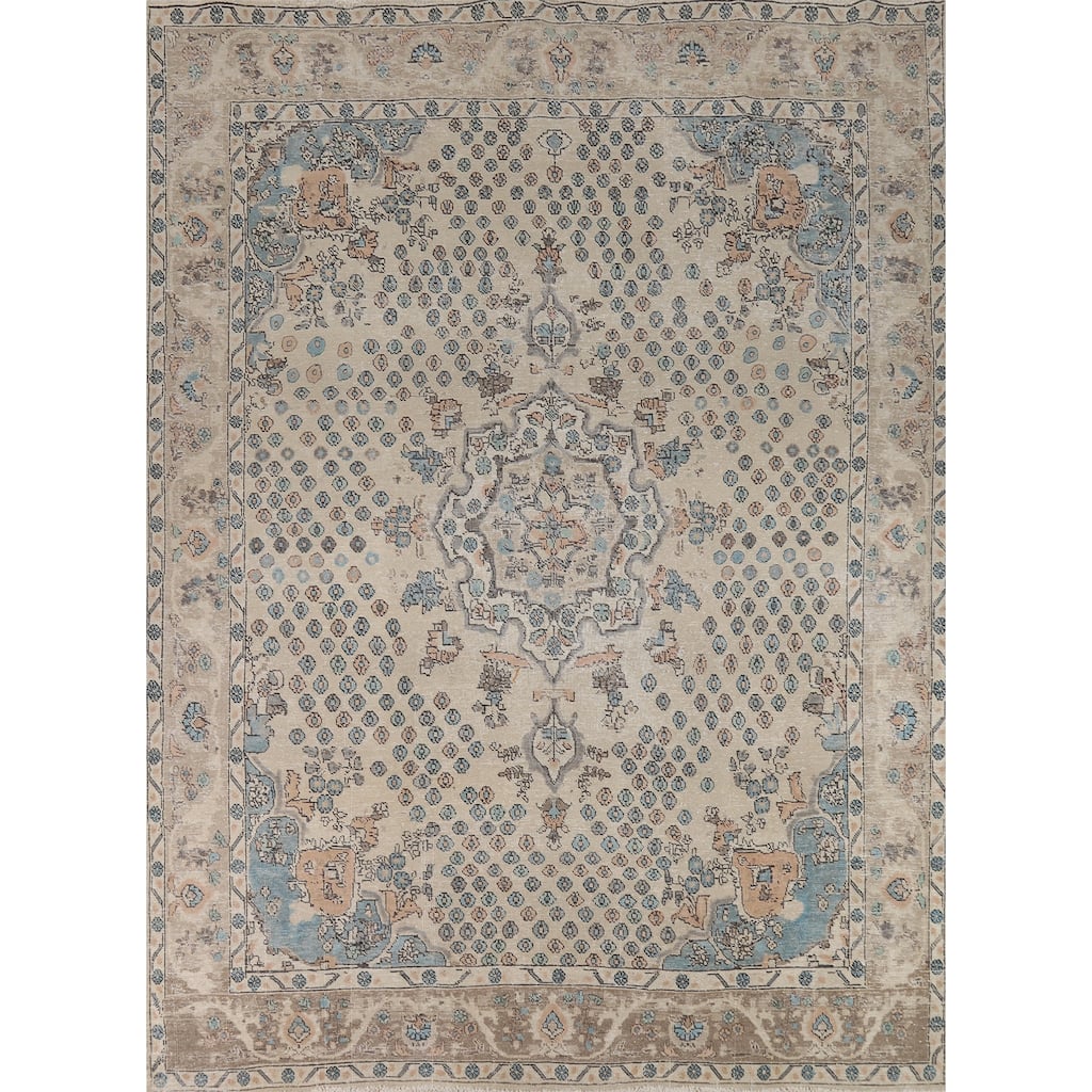 Tabriz Persian Area Rug Hand-Knotted Traditional Beige Wool Carpet - 8'1"x 10'4"