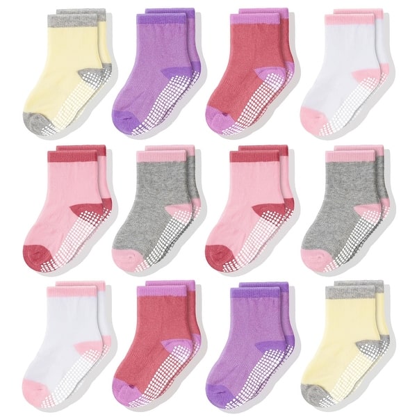 slide 2 of 6, CozyWay Non-Slip Crew Grip Socks Girls Black - 12 pair with colored heel
