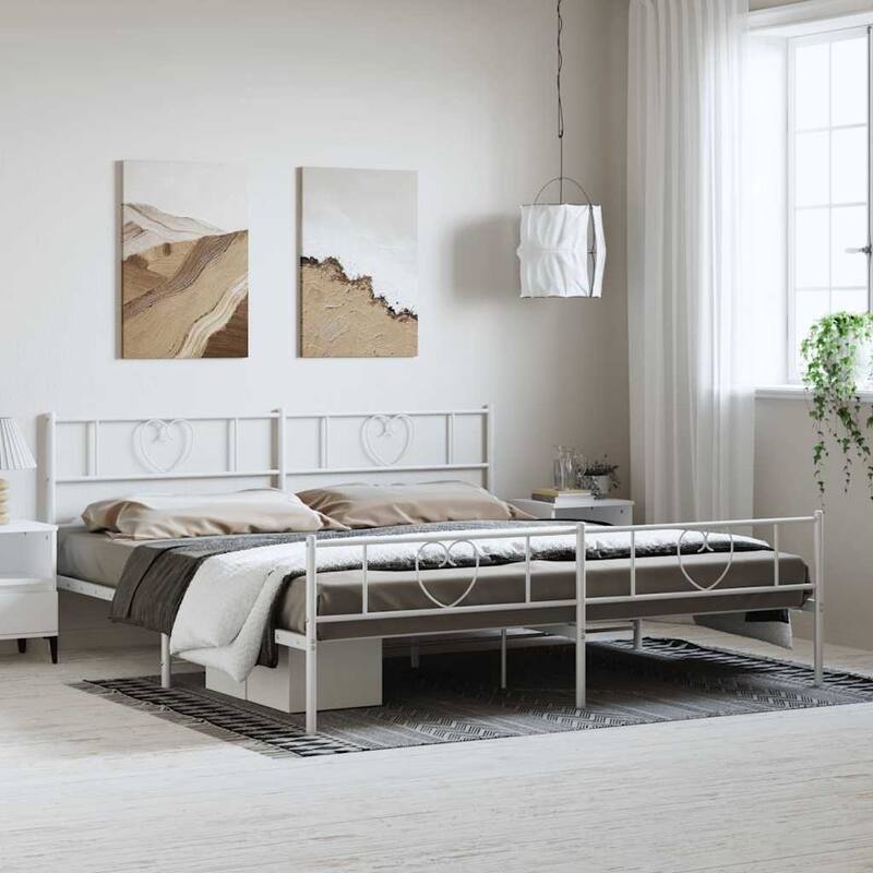 vidaXL California King Metal Bed with Headboard, White, No Mattress - 86.2" x 73.6" x 35.4"