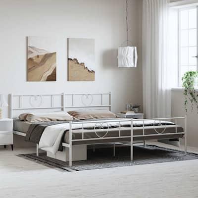 vidaXL California King Metal Bed with Headboard, White, No Mattress - 86.2" x 73.6" x 35.4"