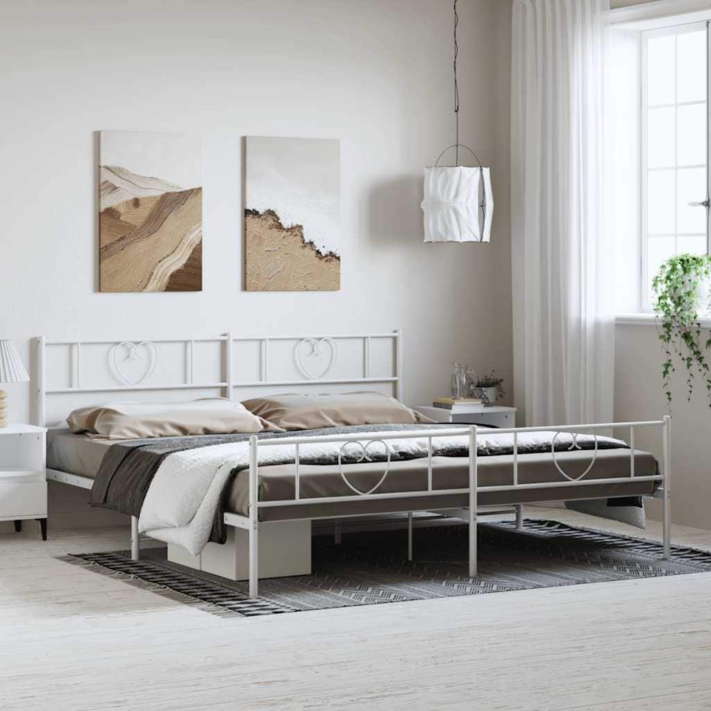 vidaXL California King Metal Bed with Headboard, White, No Mattress - 86.2" x 73.6" x 35.4"