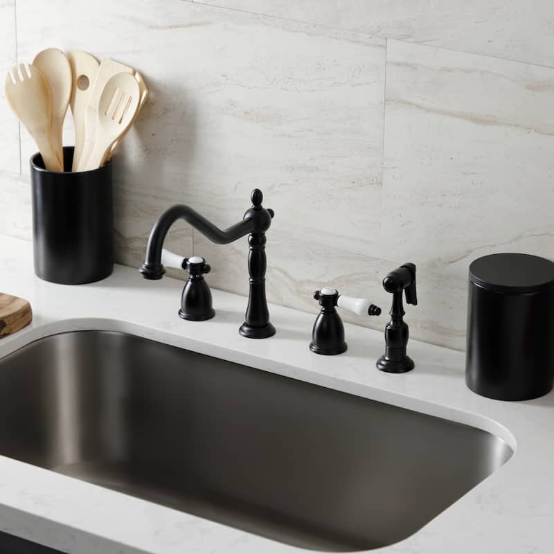 Kingston Brass Heritage Porcelain Kitchen Faucet with Side Spayer - 16'' (L) x 9-1/16'' (W) x 9-3/8'' (H)