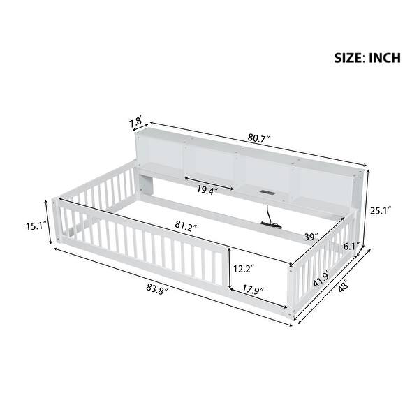 dimension image slide 1 of 3, Wood Twin XL Size Floor Bed with Storage Cabinets and USB Ports, Solid Wood Bedframe w/Fence, No Box Spring Needed