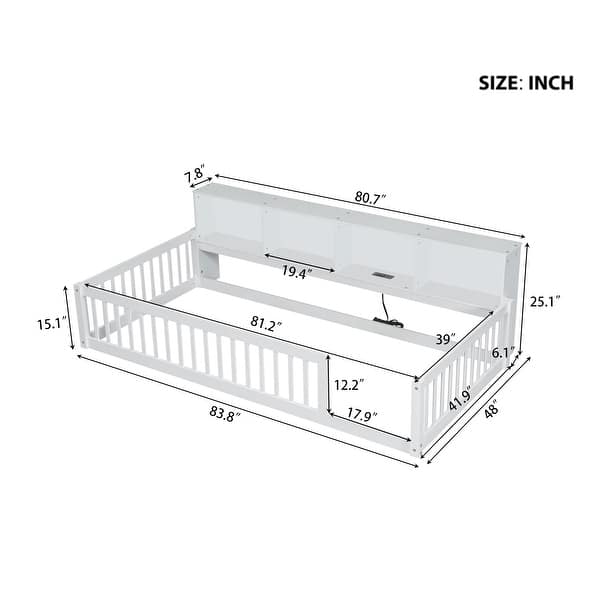 dimension image slide 2 of 3, Wood Twin XL Size Floor Bed with Storage Cabinets and USB Ports