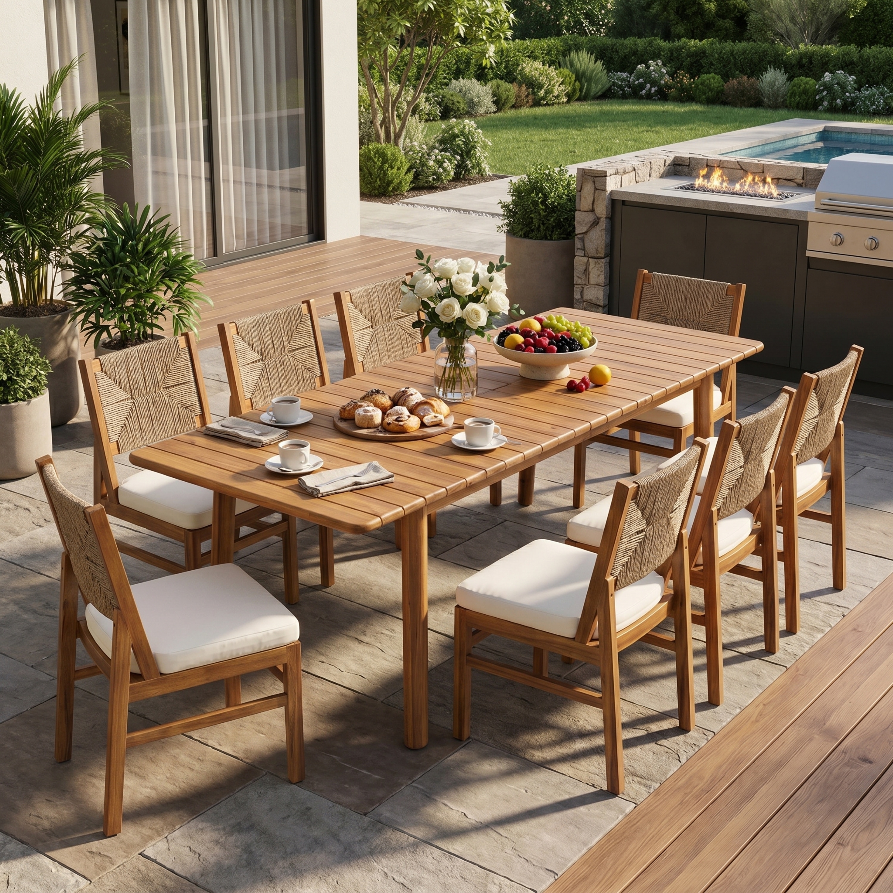 Christopher Knight Home - Pienza 9-Piece Outdoor Dining Set, Expandable Acacia Wood Table & Wicker Cushioned Armless Chairs