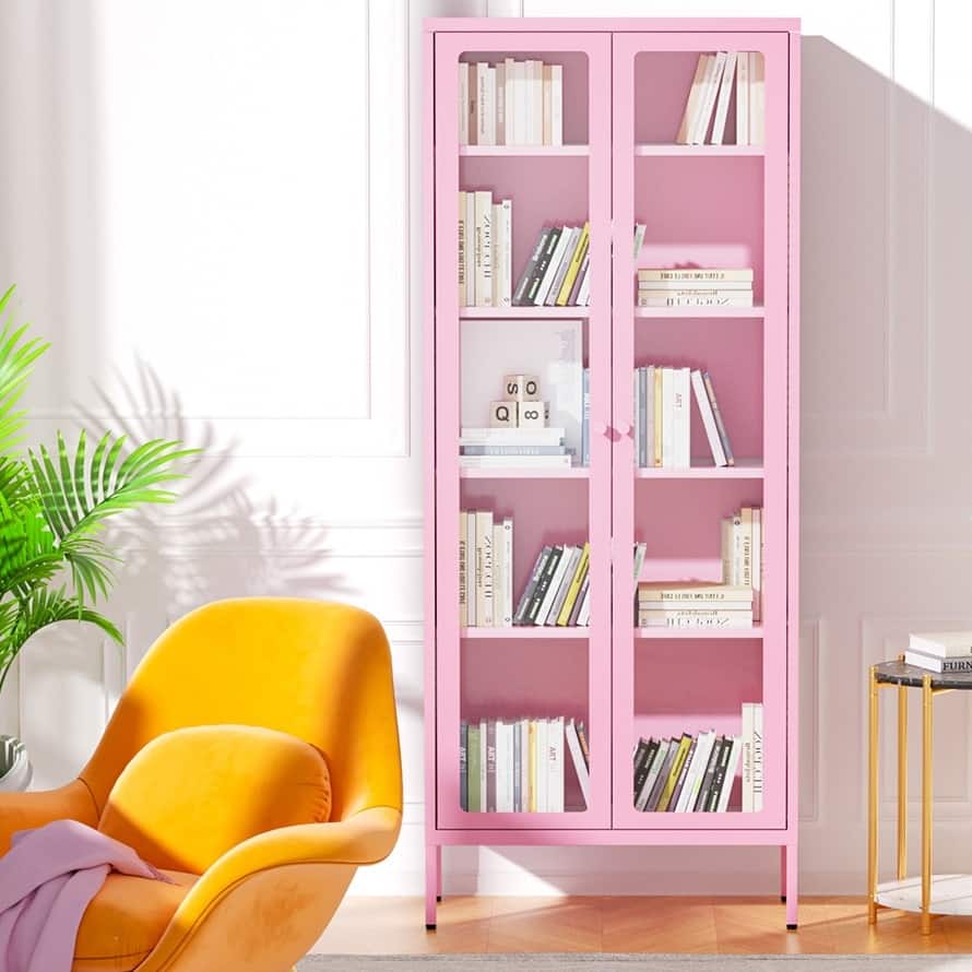 67" Display Curio Glass Metal Storage Cabinet Bookshelves with Glass Doors and 4 Adjustable Shelves