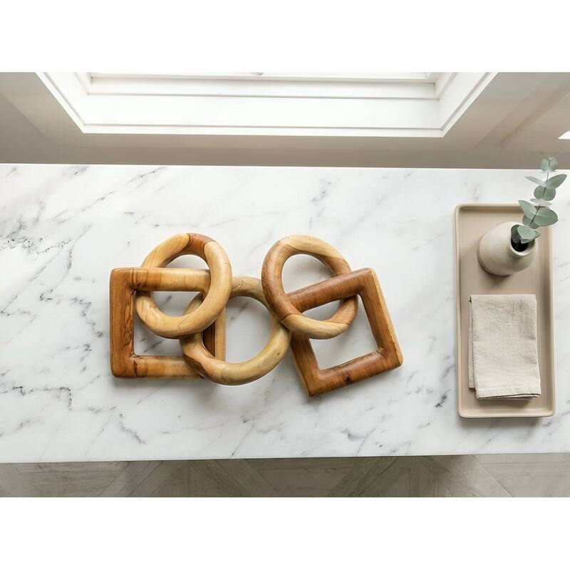 Wood Chain Link Sculpture - Hand Carved 2 Round 1 Square Link Decor, Rustic Modern Accent