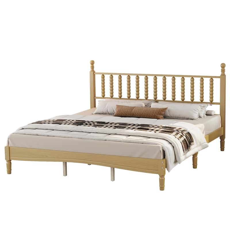 Walnut Platform Bed Mid Century Concise Bed Frame with Wood Slats and Multi-Center Support Legs, Gourd Shaped Headboard