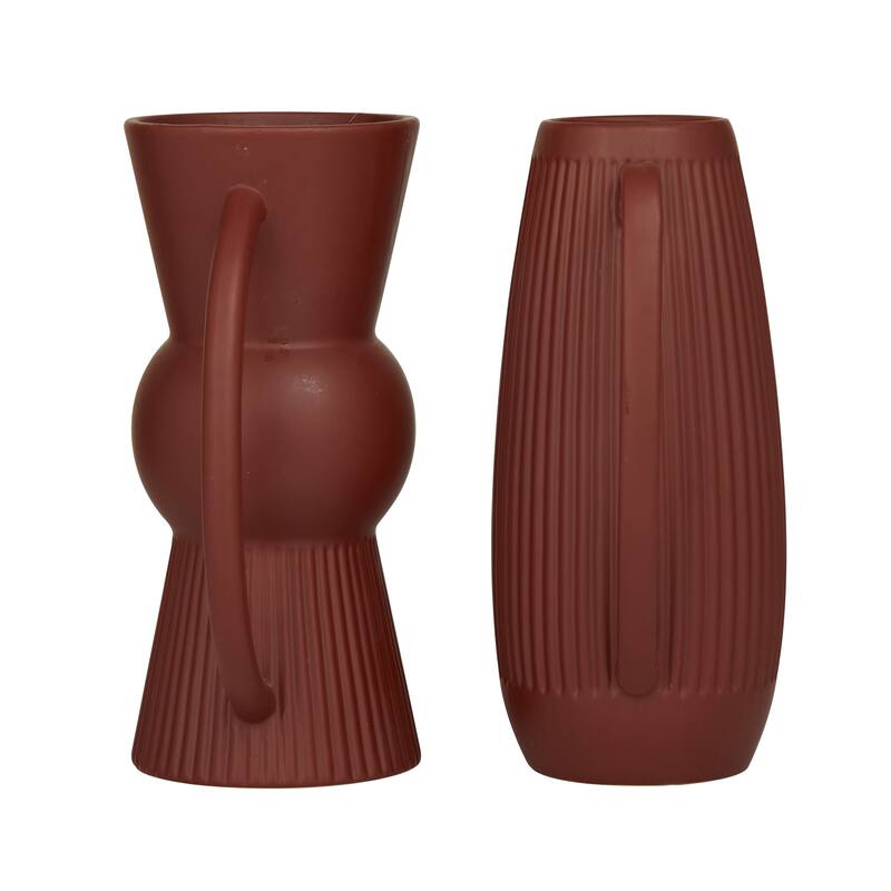 Red Ceramic Ribbed Decorative Vase with Handles (Set of 2)