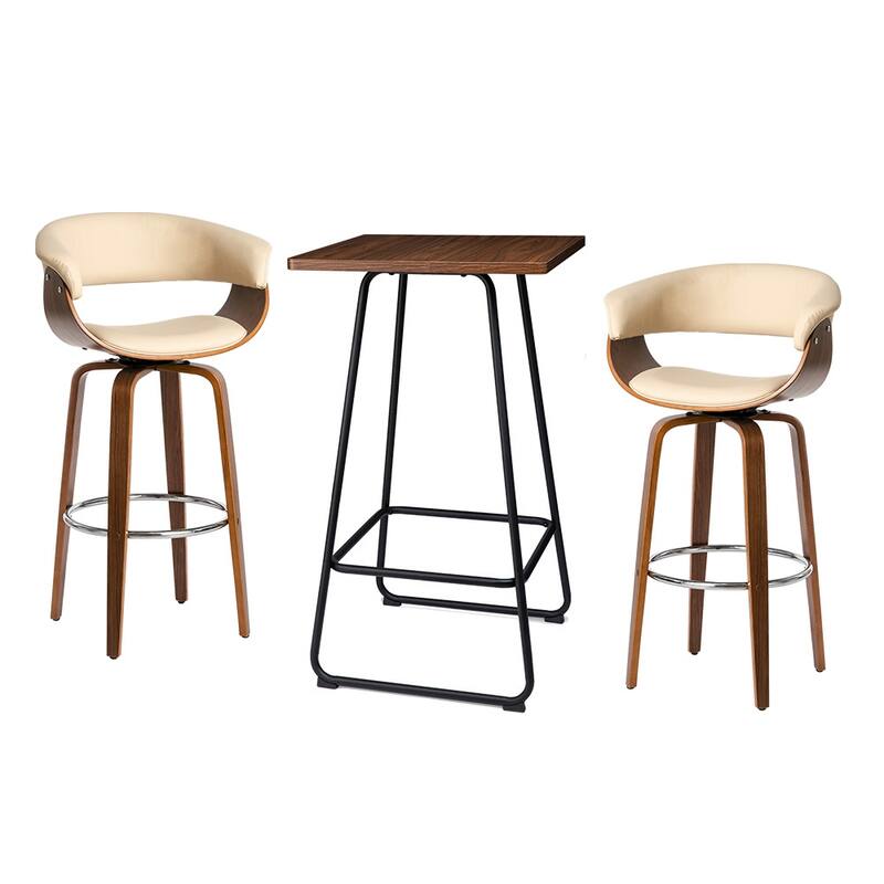 Glitzhome Small Space Set of 3 Swivel High Bar Stool Kitchen Chairs & Square Wood Top Pub Table - Brown Table & Cream PU Chairs