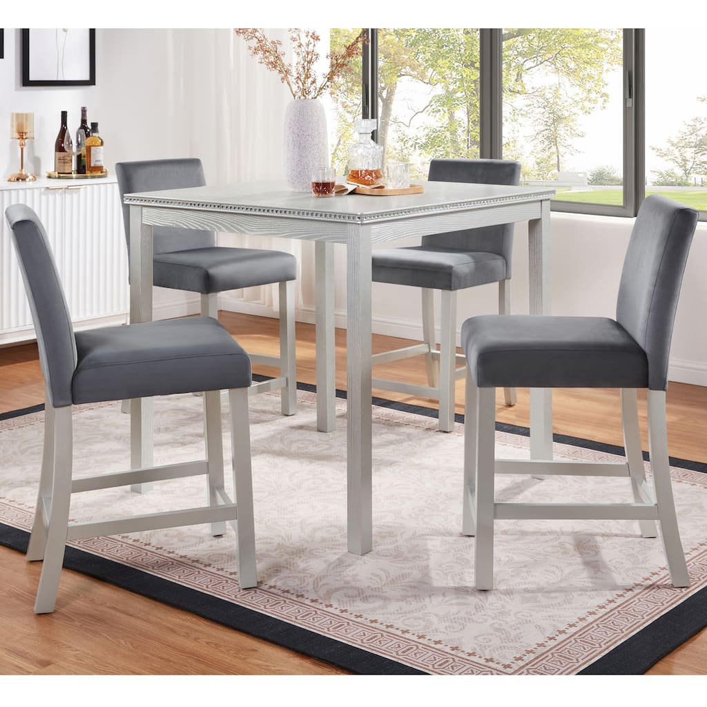 5 Piece Counter Height Dining Table Set, Wooden Dining Room Furniture Set with Square Table & 4 Upholstered Chairs