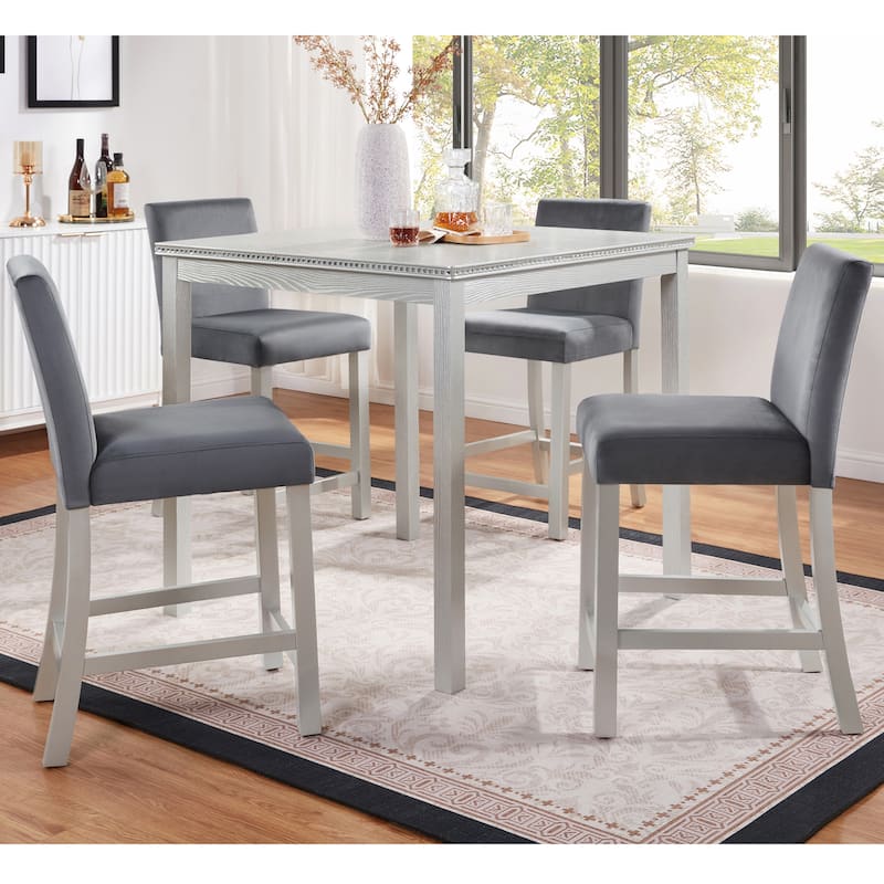 GDFStudio - Hamilton 5-Piece Classic Crystal Design Wooden Counter Height Dining Table Set with 4 Upholstered Chairs - Silver grey