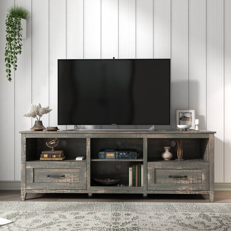 Oaks Aura 70'' TV Stand with 2 Drawers and 4 High-Capacity Storage Compartment, 3 Colors for Living Room and Bedroom - Old Pine