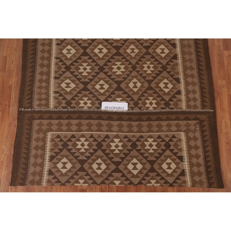 Hand Woven Oriental 100% Wool Carpet Southwestern Geometric Brown Kilim Area Rug - 9' 9'' X 6' 9''