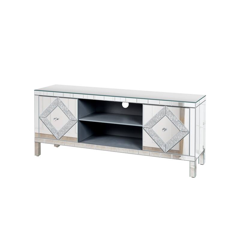 Roomfitters 59" Mirrored TV Stand for TVs up to 65", Silver Media Console with Diamond Sparkle Doors & Open Storage