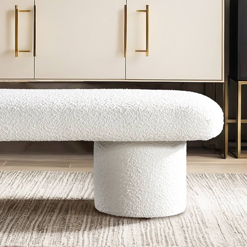 GDFStudio - Randolph Modern 56" Boucle Bench with Cylindrical Wood Legs - 56.3"W - Ivory