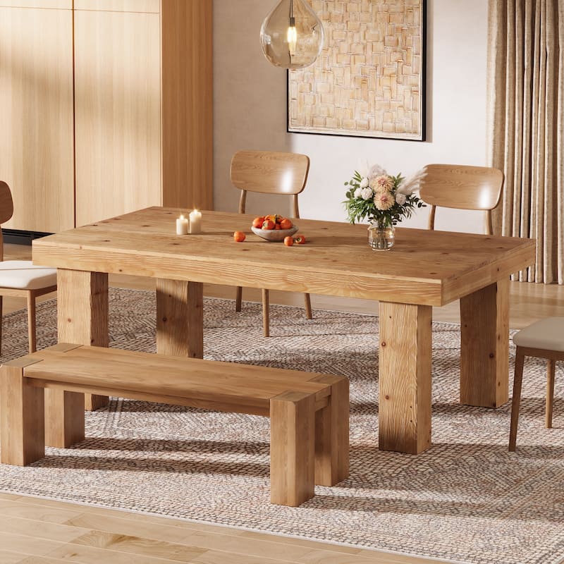 Solid Wood Dining Table, 63" Farmhouse Rectangle Kitchen Table for 4-6