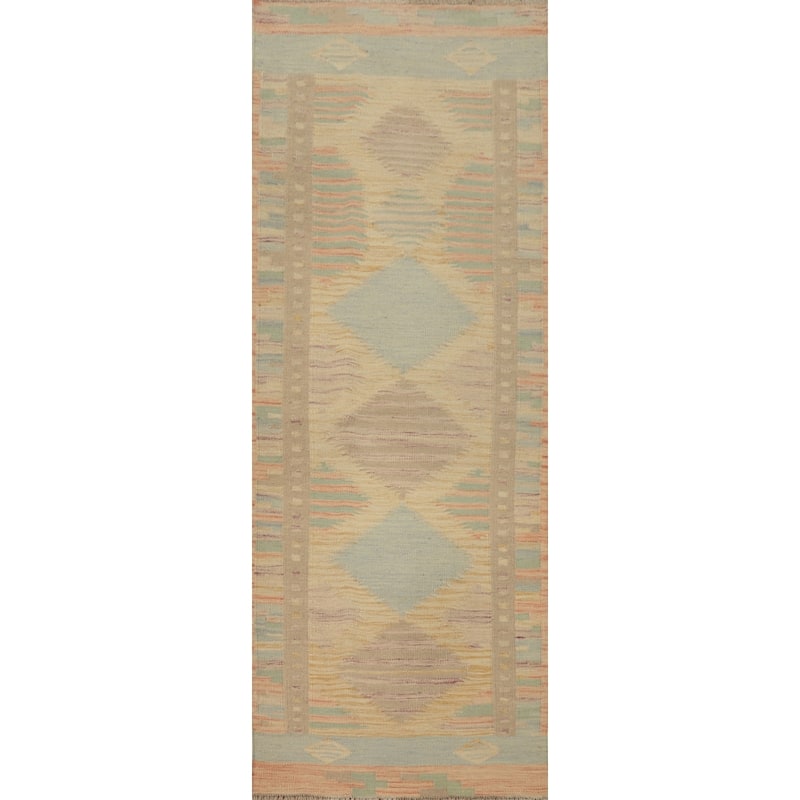Hand Woven Oriental 100% Wool Carpet Southwestern Tribal Beige & Ivories Kilim Runner Rug - 6' 3'' X 2' 2''