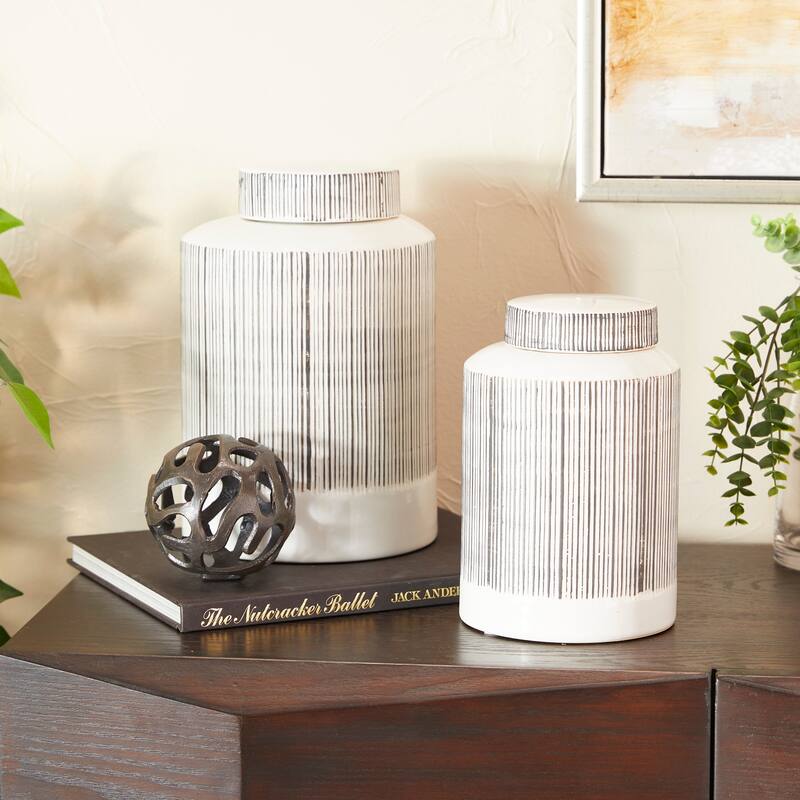 CosmoLiving by Cosmopolitan White Ceramic Striped Living Room Decorative Jars (Set of 2) - 8 x 8 x 13