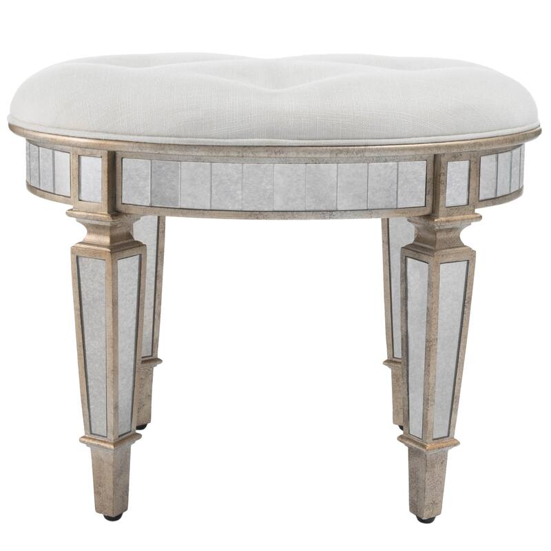 HomeRoots 24" Cream Linen And Silver Metallic Round Ottoman