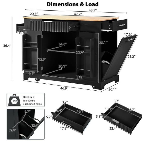 dimension image slide 0 of 3, Bar Table Rolling Fluted Kitchen Island with Trash Can