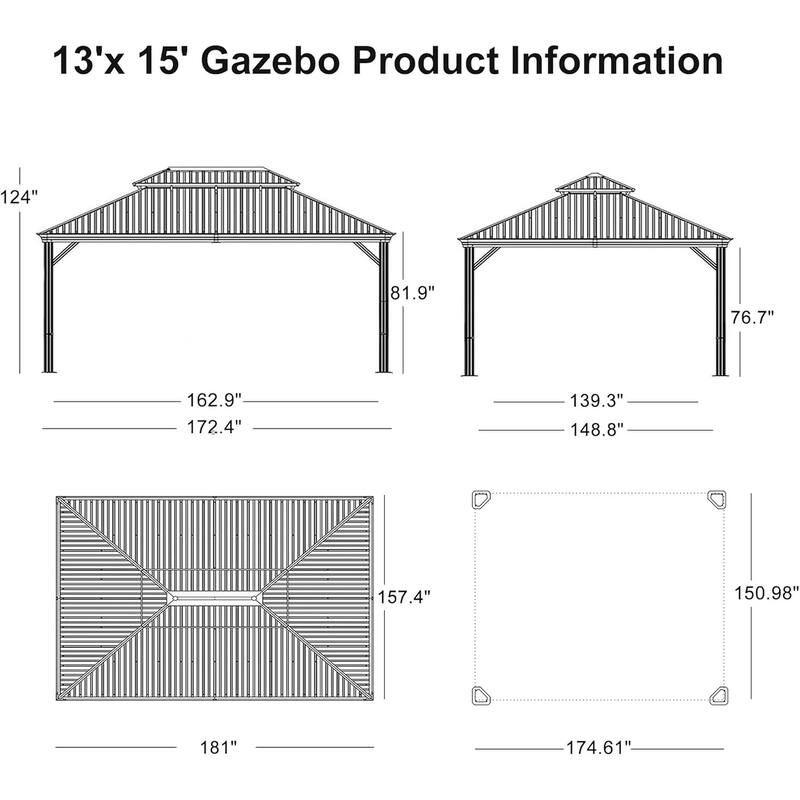 PURPLE LEAF Outdoor Gazebo Aluminum Frame Galvanized Steel Hardtop Gazebo
