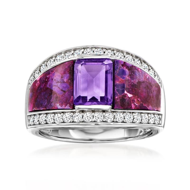 925 Sterling Silver 8x6mm Octagon African Amethyst With Multi Gemstone Ring