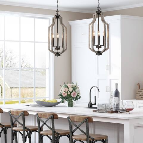Modern Farmhouse 3-Light Wood Chandelier Cylinder Pendant Lights for Dining Room - 12.5" W X 27" H