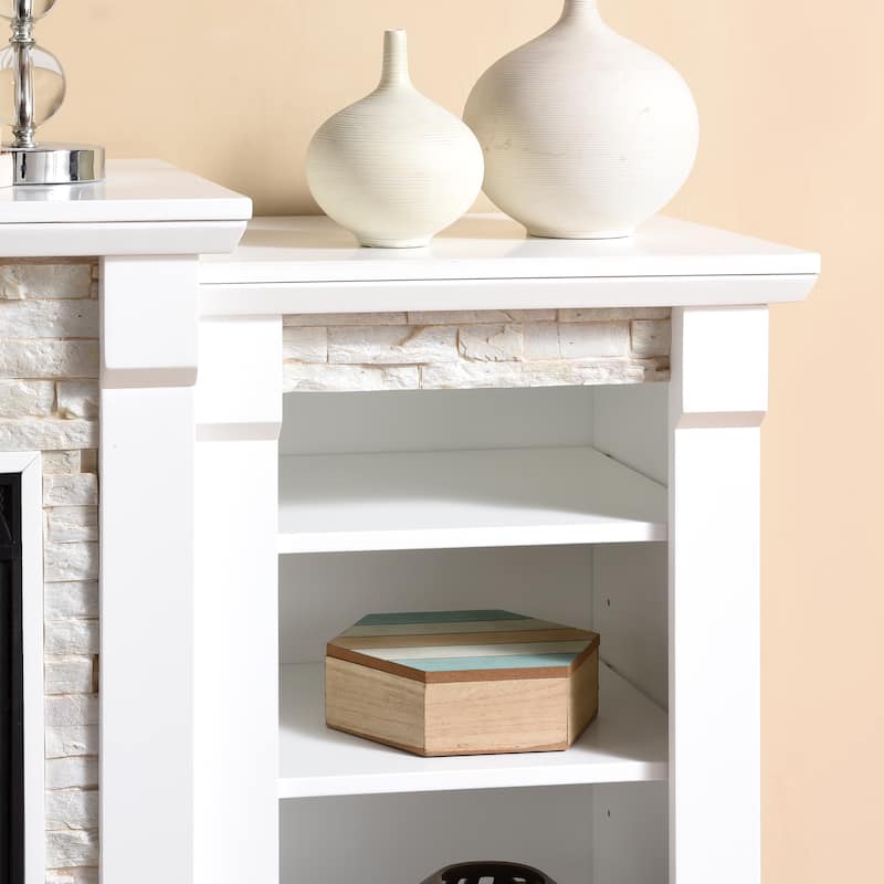 SEI Furniture Remote Controlled LED Electric Fireplace with Mantel in White Stone and Storage