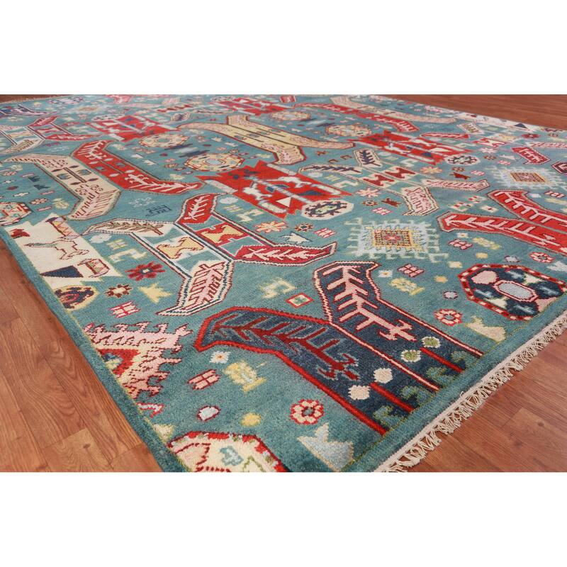 Hand Knotted Oriental 100% Wool Carpet Traditional All-Over Navy Blue & Blues Kazak Area Rug - 12' 1'' X 9' 1''