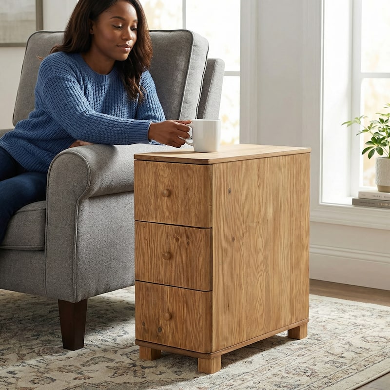 Solid Wood Side Table with 3 Drawers